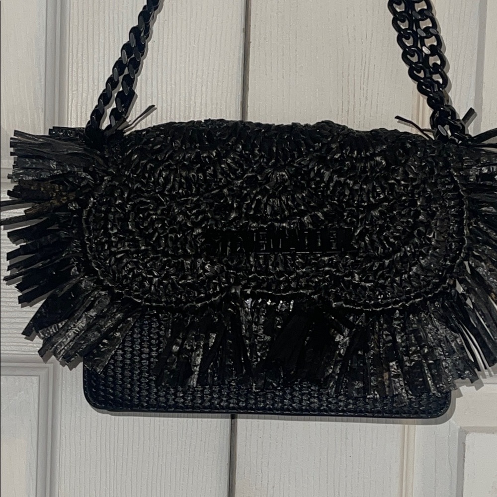 Steve Madden Black Woven raffia Fringe Crossbody with Chain Strap RARE